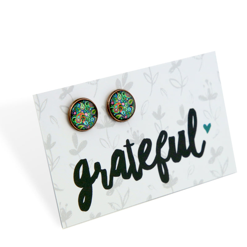 Heart & Soul Collection - Grateful - Vintage Copper 12mm Circle Studs - Green Paisley (10932)