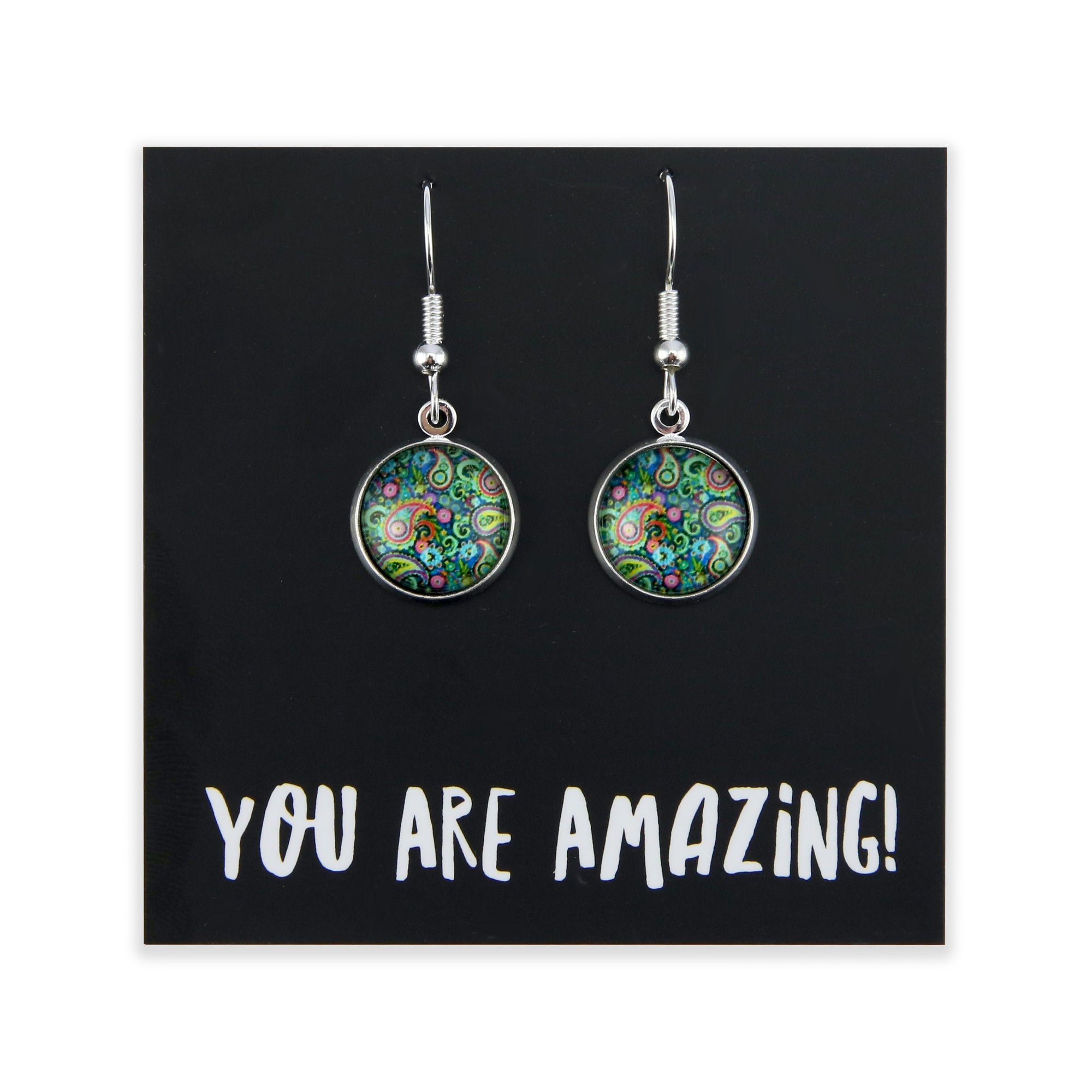 Heart & Soul Collection - You Are Amazing - Bright Silver Dangle Earrings - Green Paisley (10913)