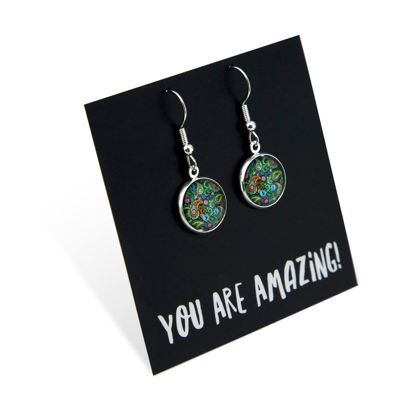 Heart & Soul Collection - You Are Amazing - Bright Silver Dangle Earrings - Green Paisley (10913)