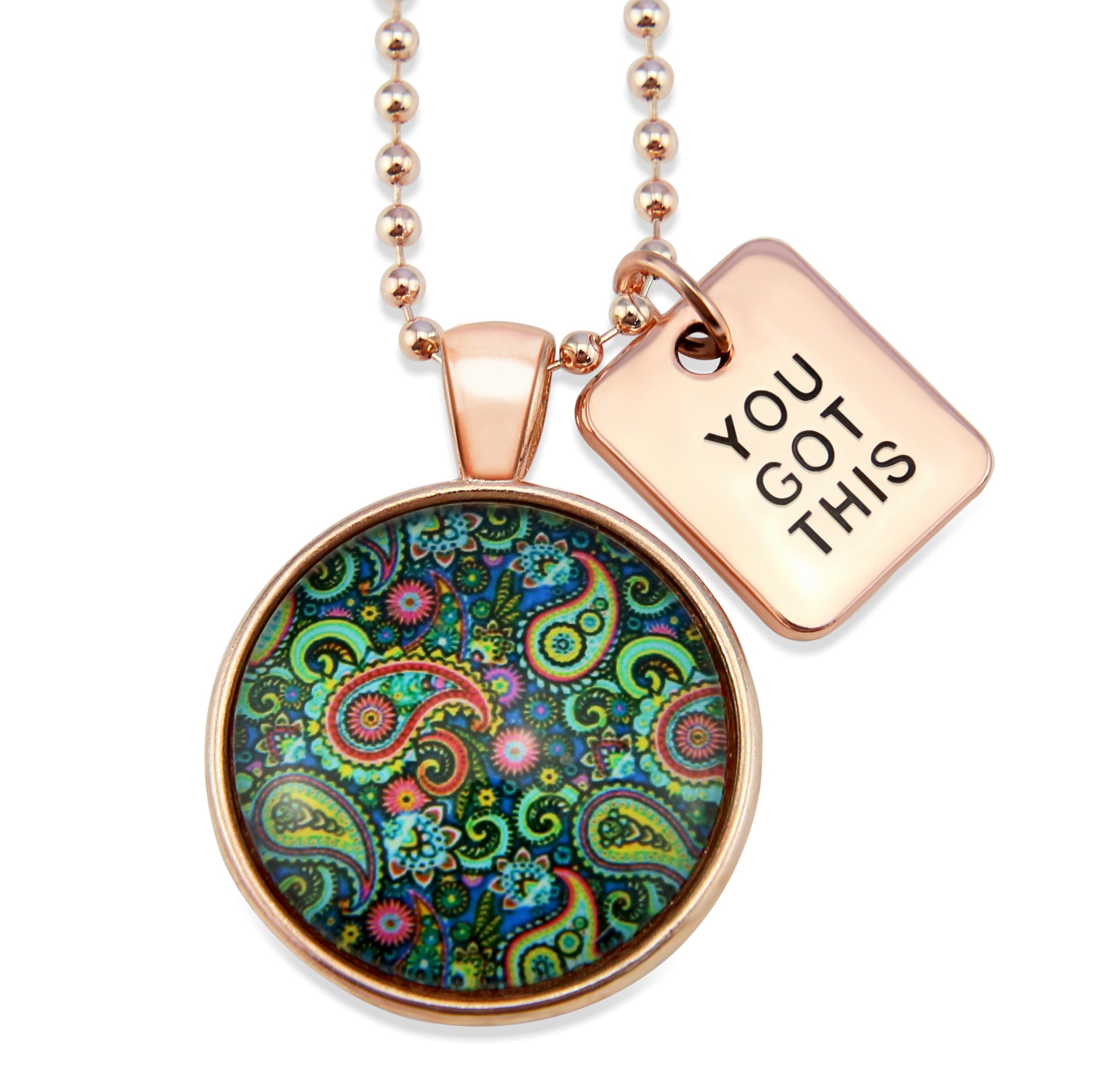 Heart & Soul - 'You got this' Rose Gold Necklace - Green Paisley (10952)