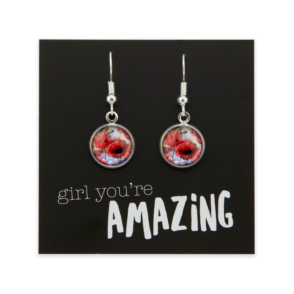 Earrings with floral design on a card with 'girl you're amazing' text