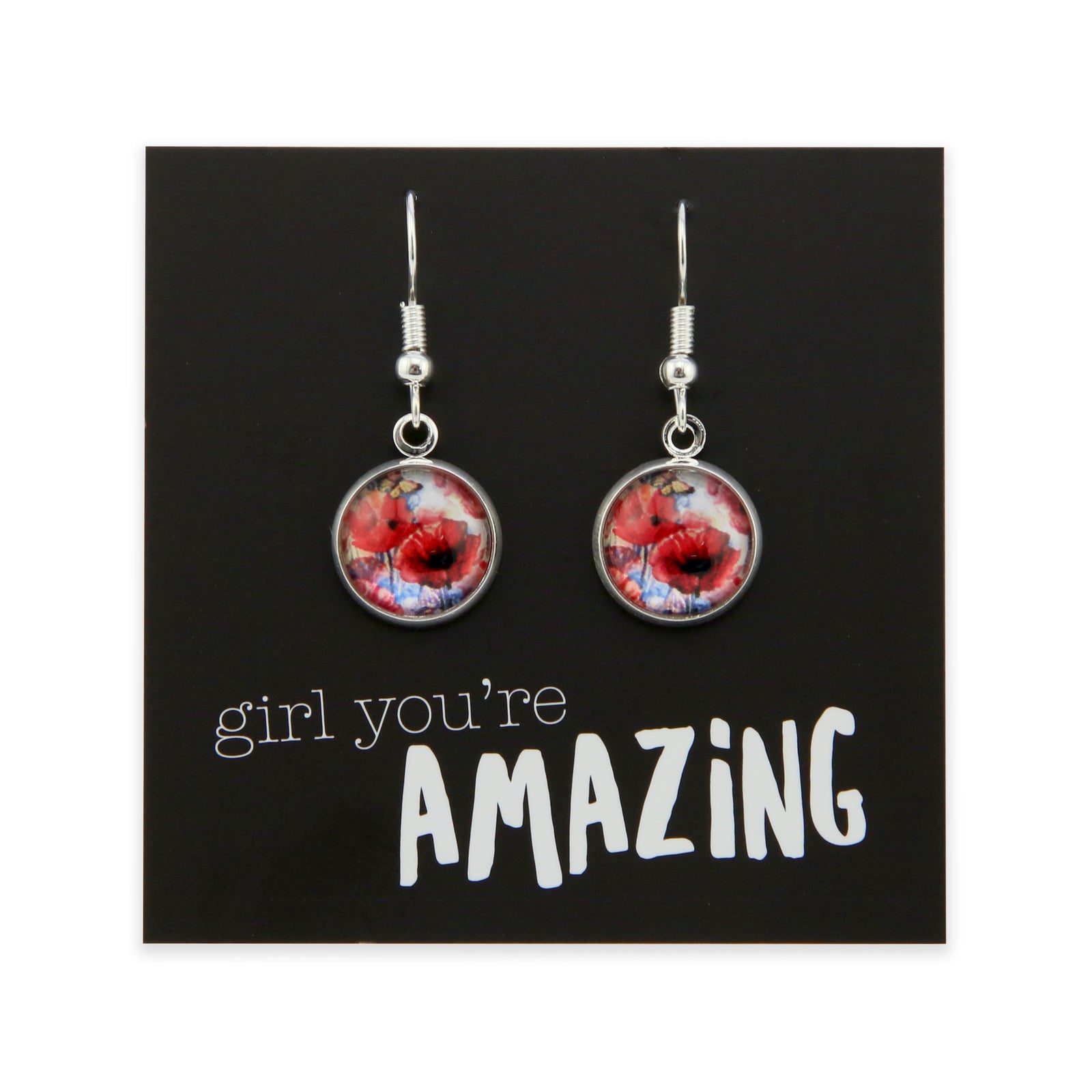 Earrings with floral design on a card with 'girl you're amazing' text