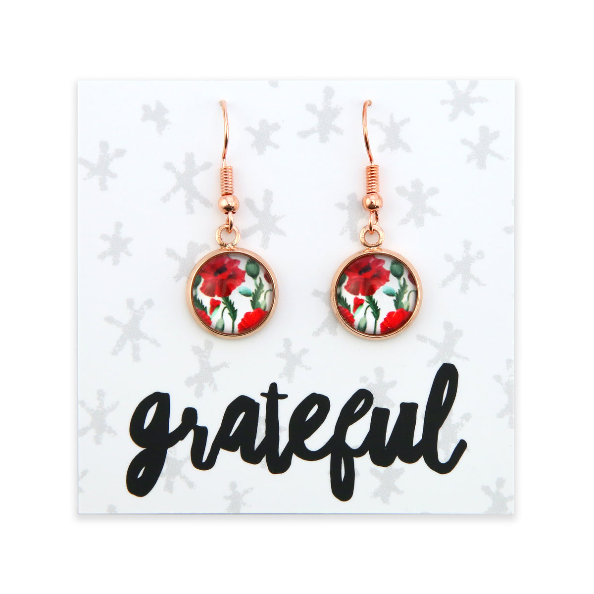Floral earrings on a card with 'grateful' text