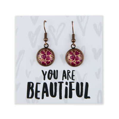 SPRING - You are Beautiful - Vintage Copper Dangle Earrings - Heart Patch (12755)