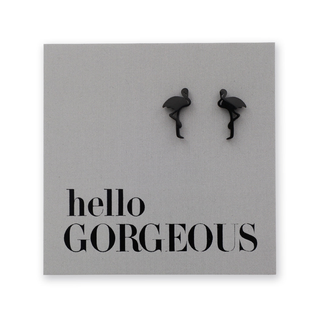 Flamingo shaped stainless steel earring studs on 'hello gorgeous' card. 