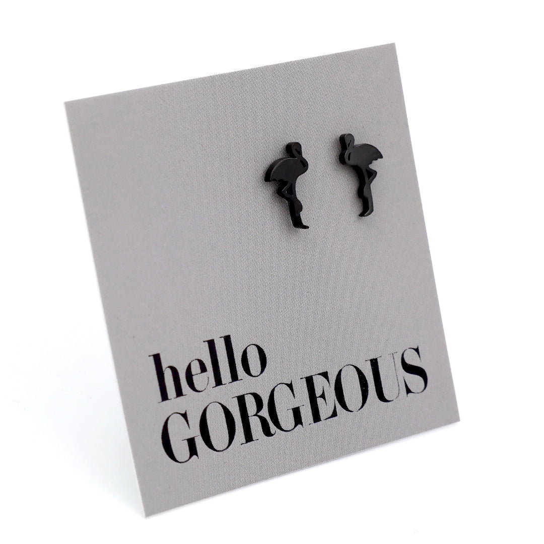 Flamingo shaped stainless steel earring studs on 'hello gorgeous' card. 