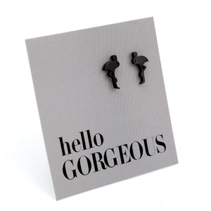 Flamingo shaped stainless steel earring studs on 'hello gorgeous' card. 
