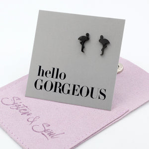 Flamingo shaped stainless steel earring studs on 'hello gorgeous' card on a mauve pouch