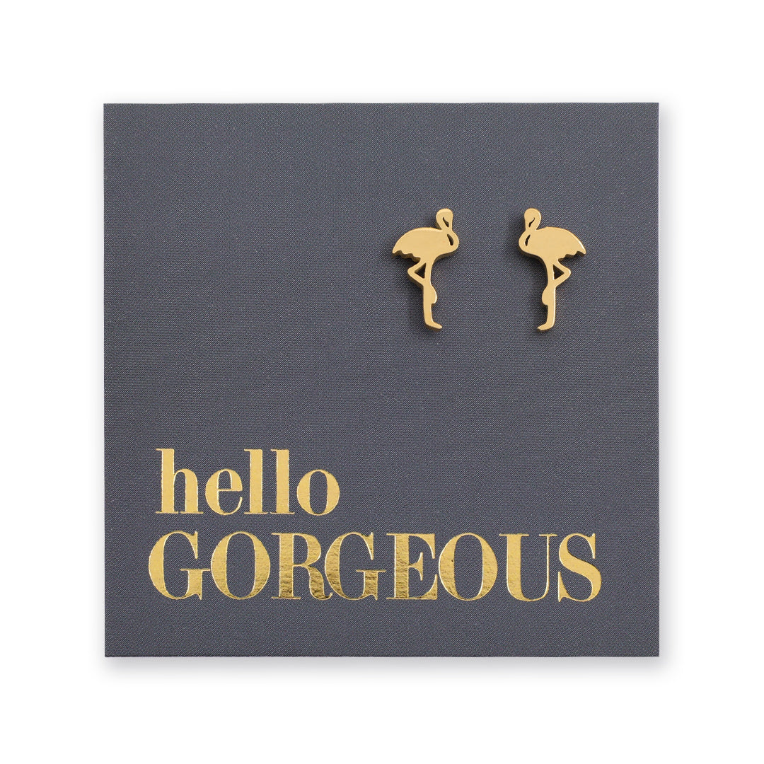 Flamingo shaped stainless steel earring studs on 'hello gorgeous' card. 