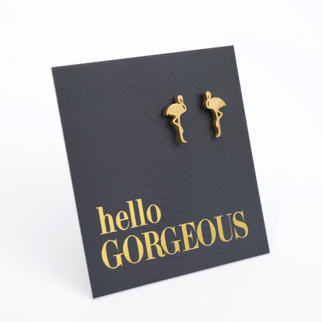 Flamingo shaped stainless steel earring studs on 'hello gorgeous' card. 