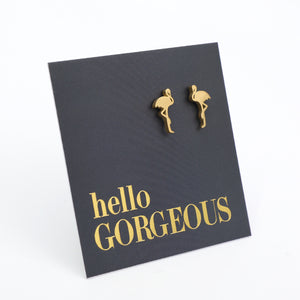 Flamingo shaped stainless steel earring studs on 'hello gorgeous' card. 