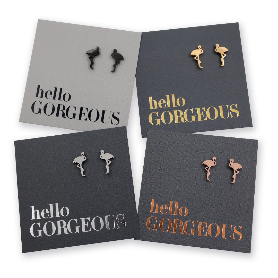 Flamingo shapes stainless steel earring studs on 'hello gorgeous' card. 