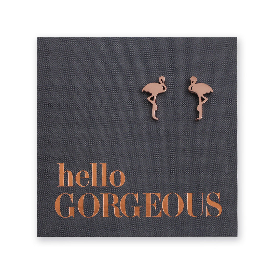 Flamingo shaped stainless steel earring studs on 'hello gorgeous' card. 