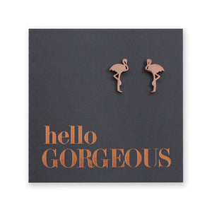 Flamingo shaped stainless steel earring studs on 'hello gorgeous' card. 