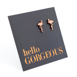 Flamingo shaped stainless steel earring studs on 'hello gorgeous' card. 