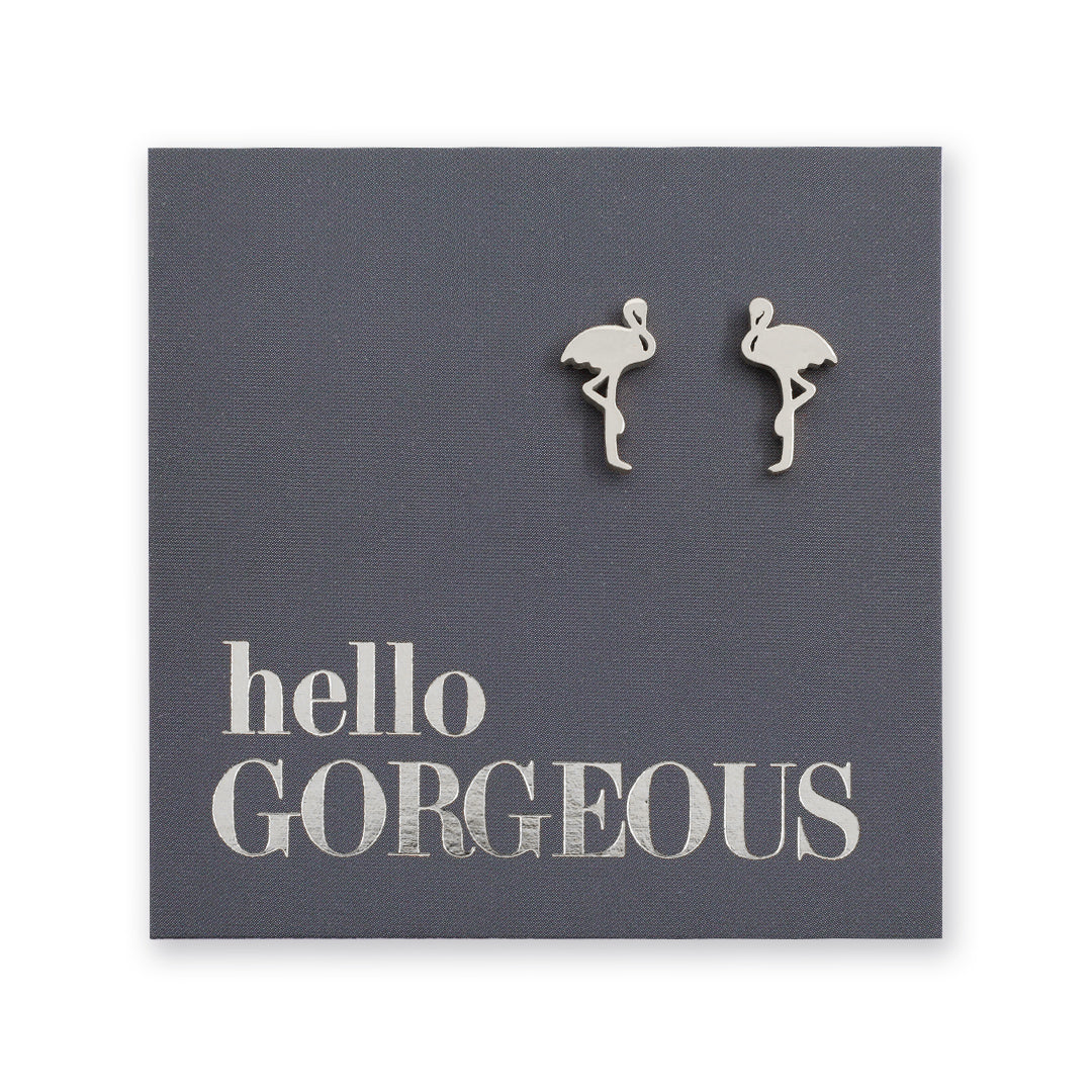Flamingo shaped stainless steel earring studs on 'hello gorgeous' card. 