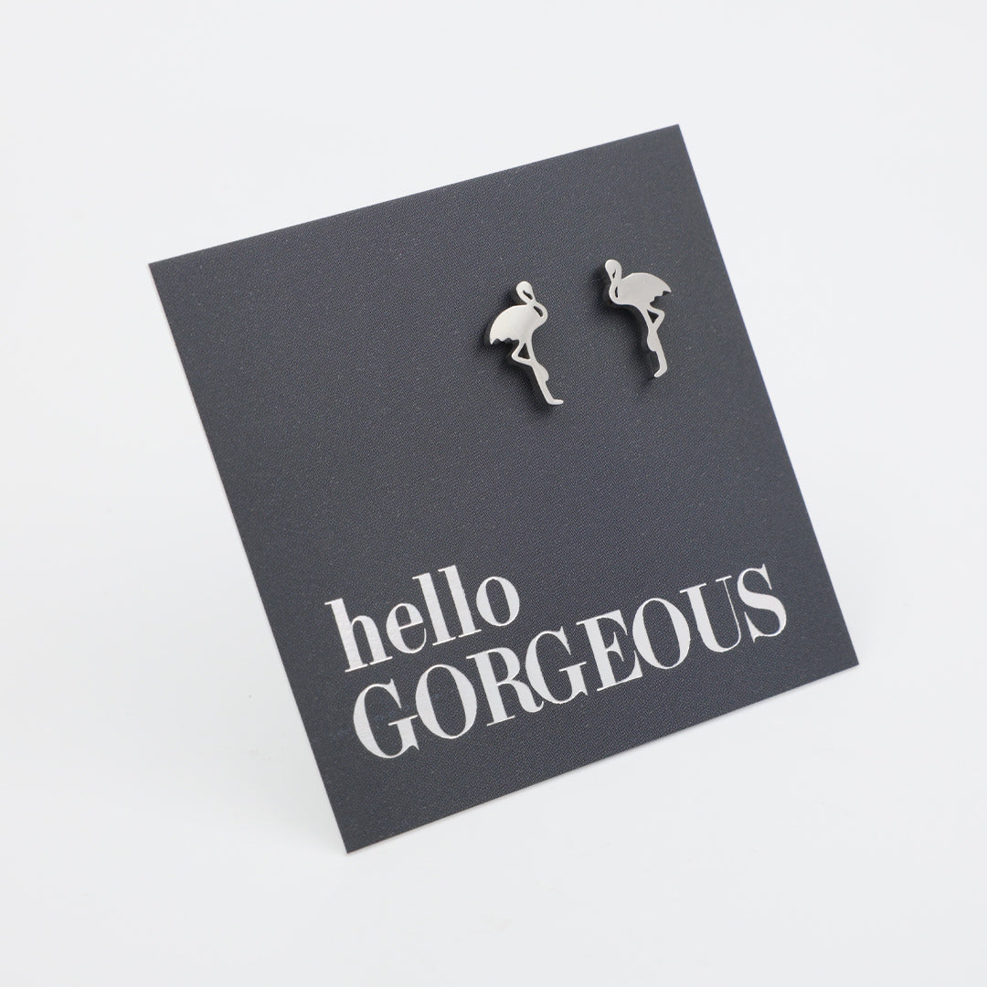 Flamingo shaped stainless steel earring studs on 'hello gorgeous' card. 