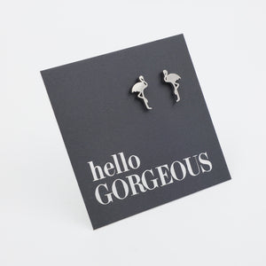 Flamingo shaped stainless steel earring studs on 'hello gorgeous' card. 