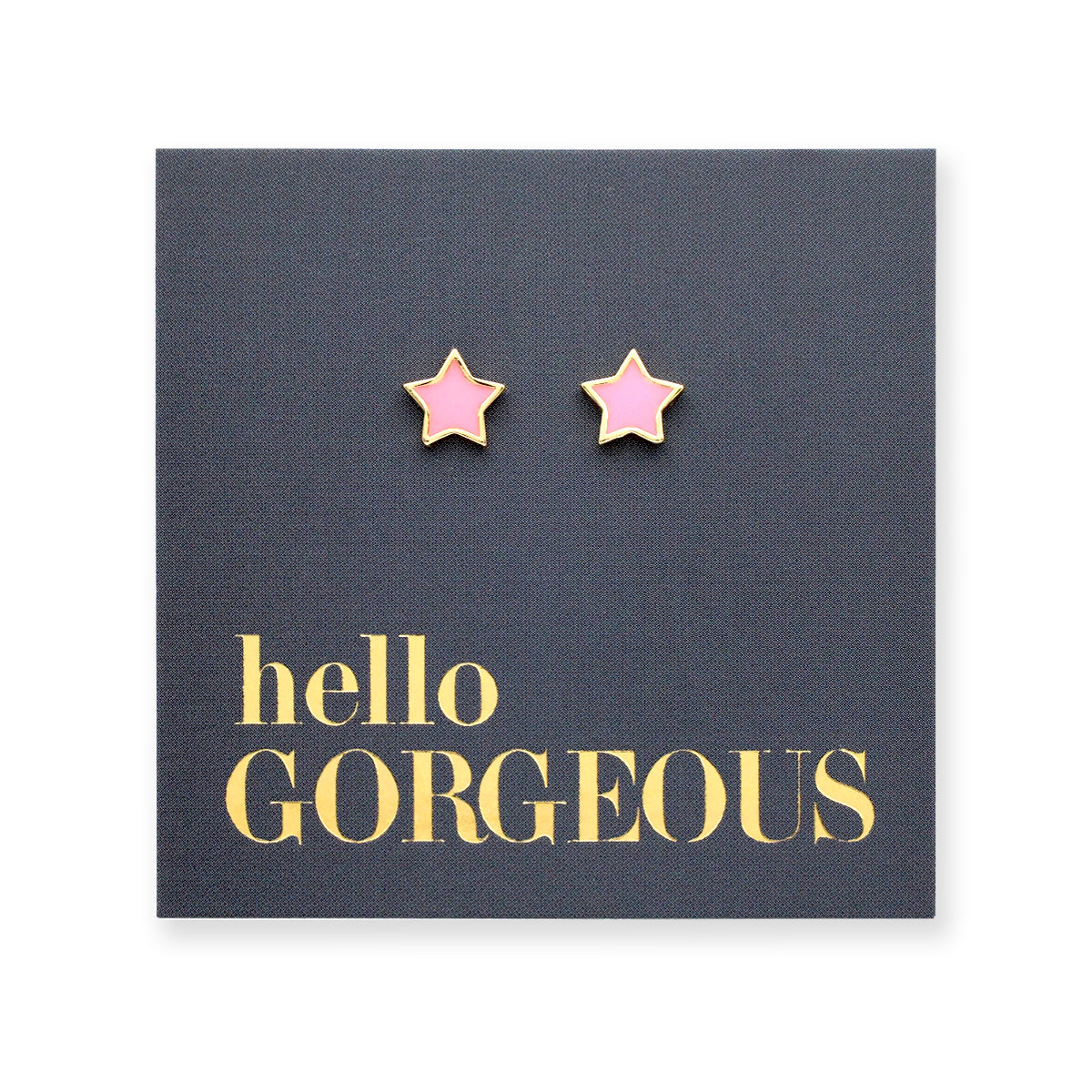 Pink star shaped studs presented on a grey card with gold 'Hello Gorgeous' writing.