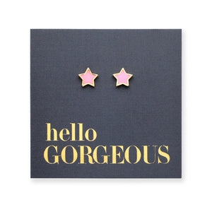 Pink star shaped studs presented on a grey card with gold 'Hello Gorgeous' writing.