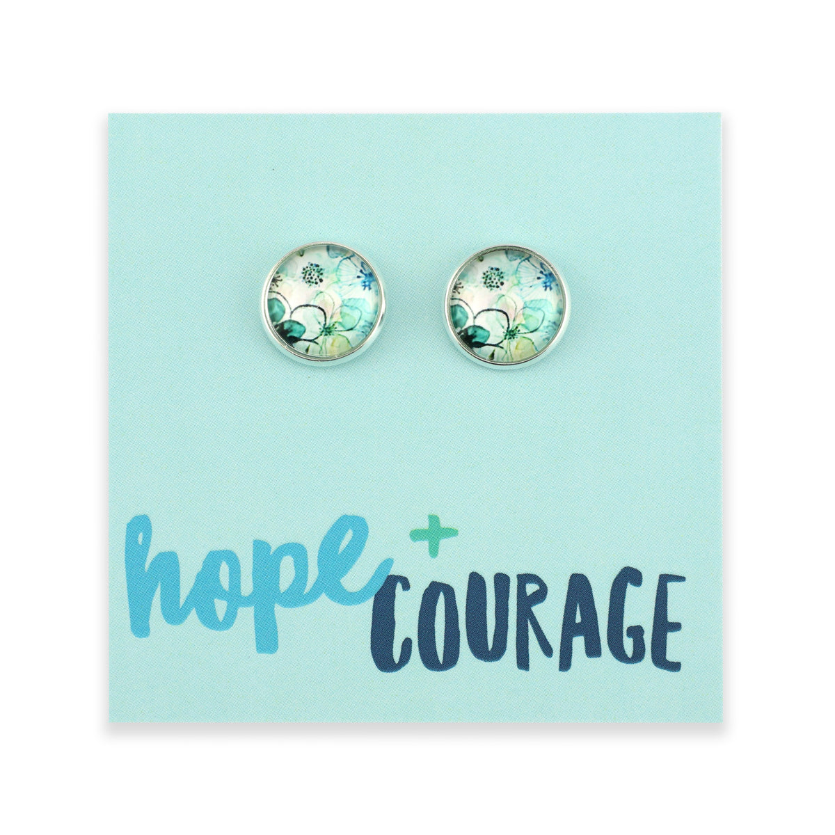 Pair of earrings on a card with 'hope + courage' text