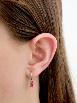 Love Just For You Stainless Steel Huggies - Silver with Fuchsia Pink Baguette Drops