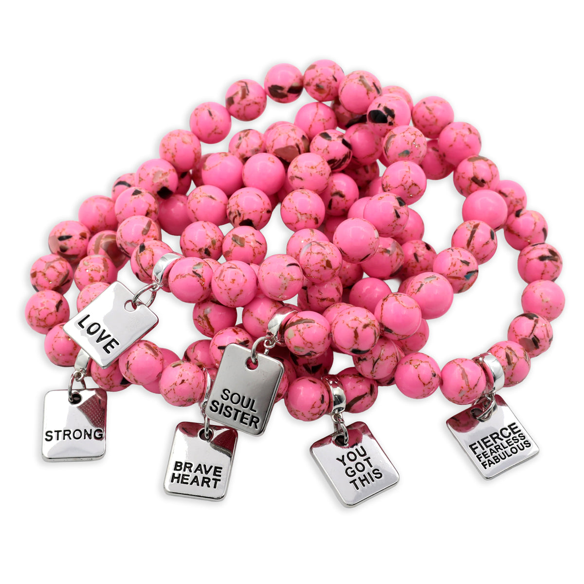 Pink beaded necklace with motivational charm tags on a white background