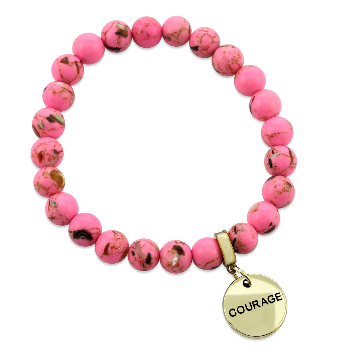 A collection of pink bead bracelets with vintage gold charms featuring words of courage and strength.
