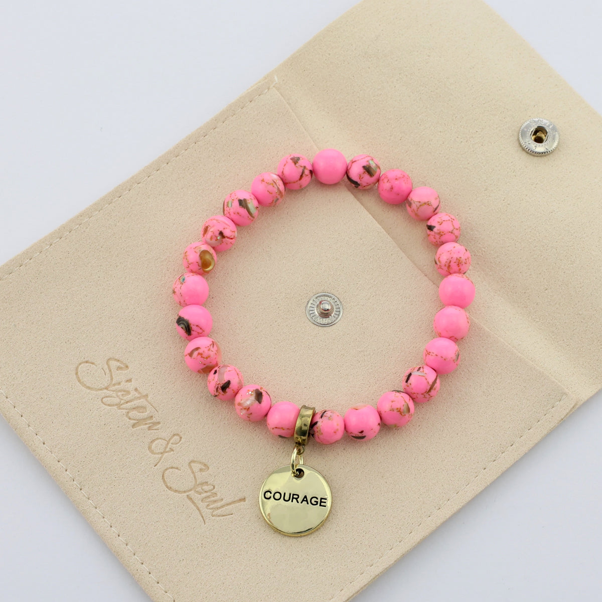 PINK COLLECTION - Hot Pink Synthesis 8mm Bead Bracelet  - Vintage Gold Word Charms