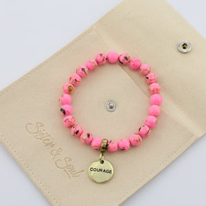 PINK COLLECTION - Hot Pink Synthesis 8mm Bead Bracelet  - Vintage Gold Word Charms