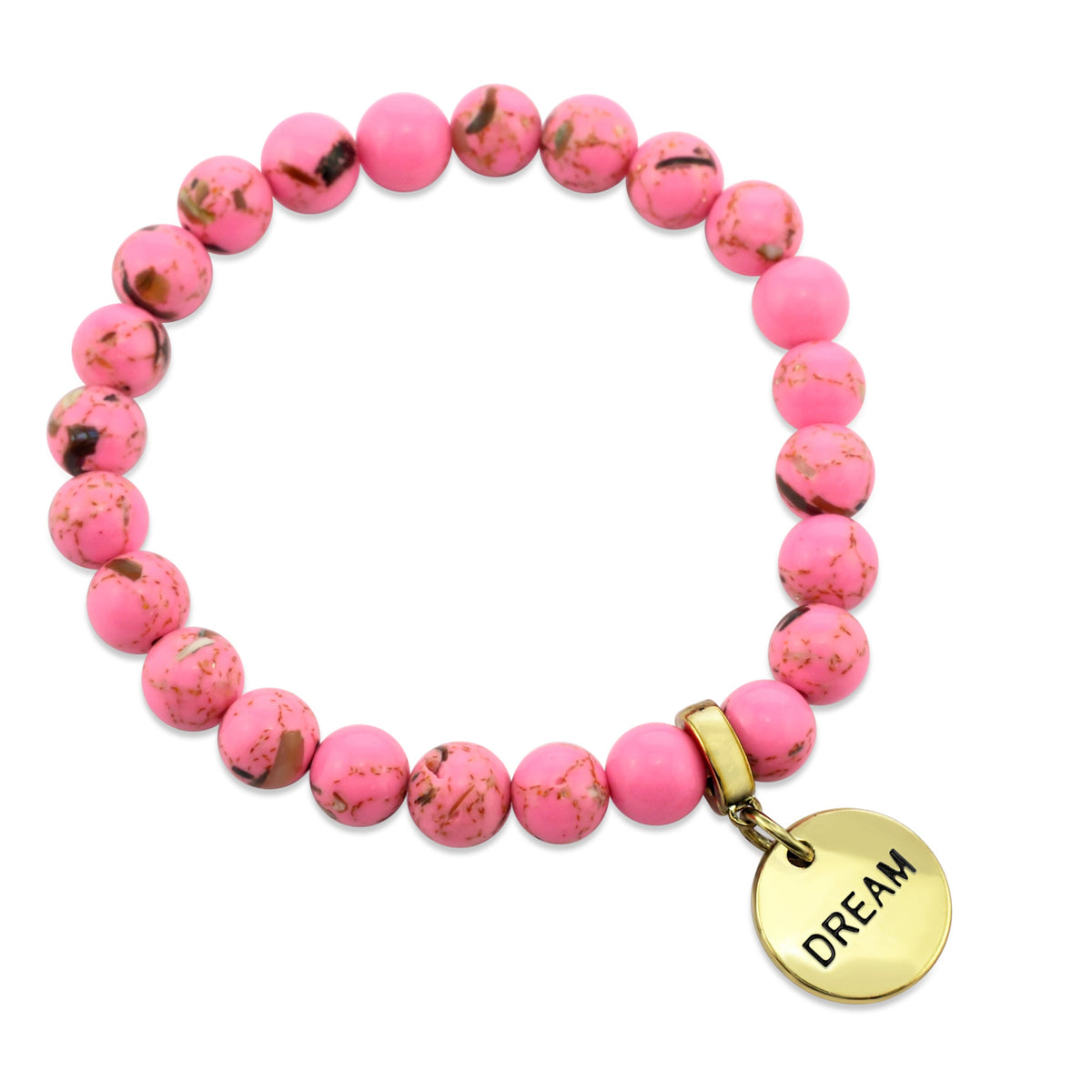 A collection of pink bead bracelets with vintage gold charms featuring words of courage and strength.
