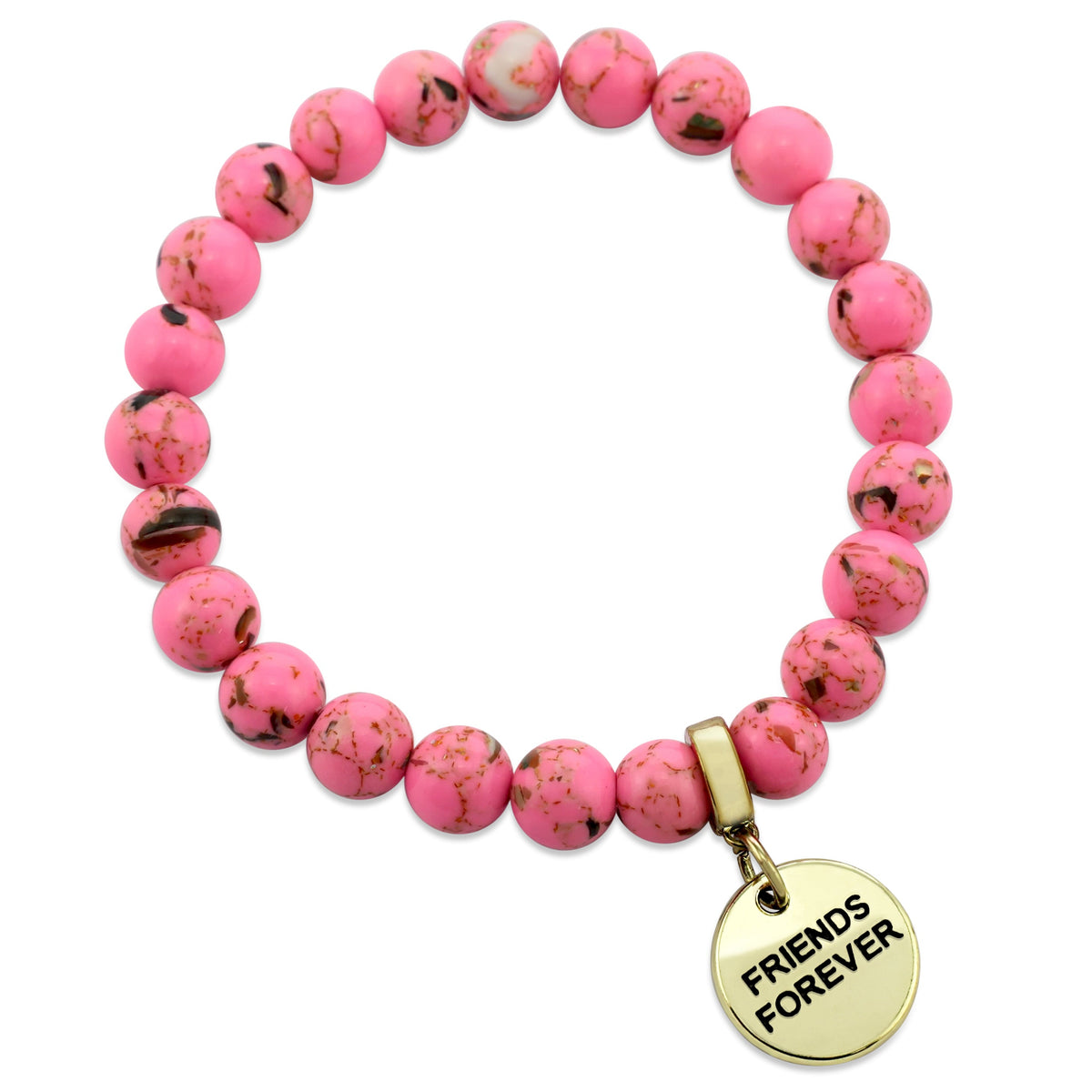 A collection of pink bead bracelets with vintage gold charms featuring words of courage and strength.