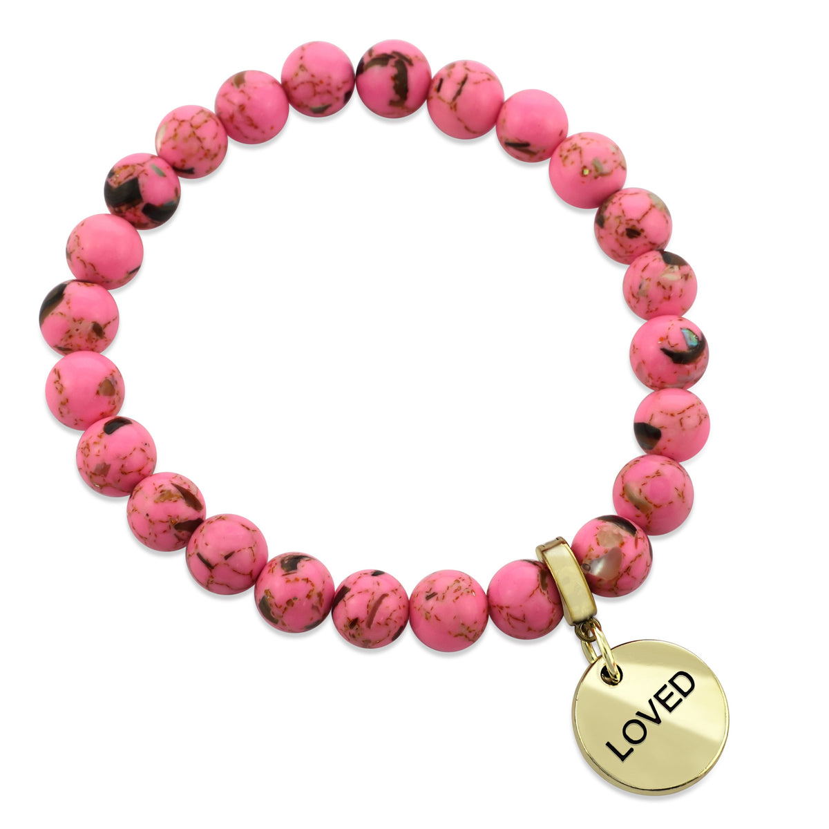 Pink beaded bracelet with a gold 'LOVED' charm on a white background