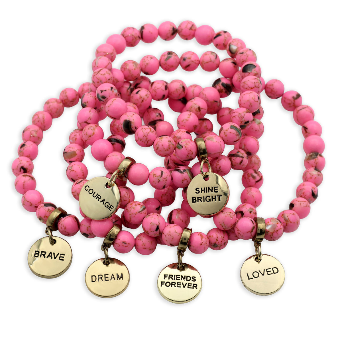 Pink beaded bracelets with gold charms on a white background