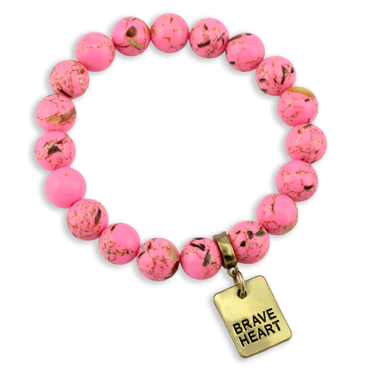Pink beaded bracelet with a gold 'Brave Heart' charm on a white background