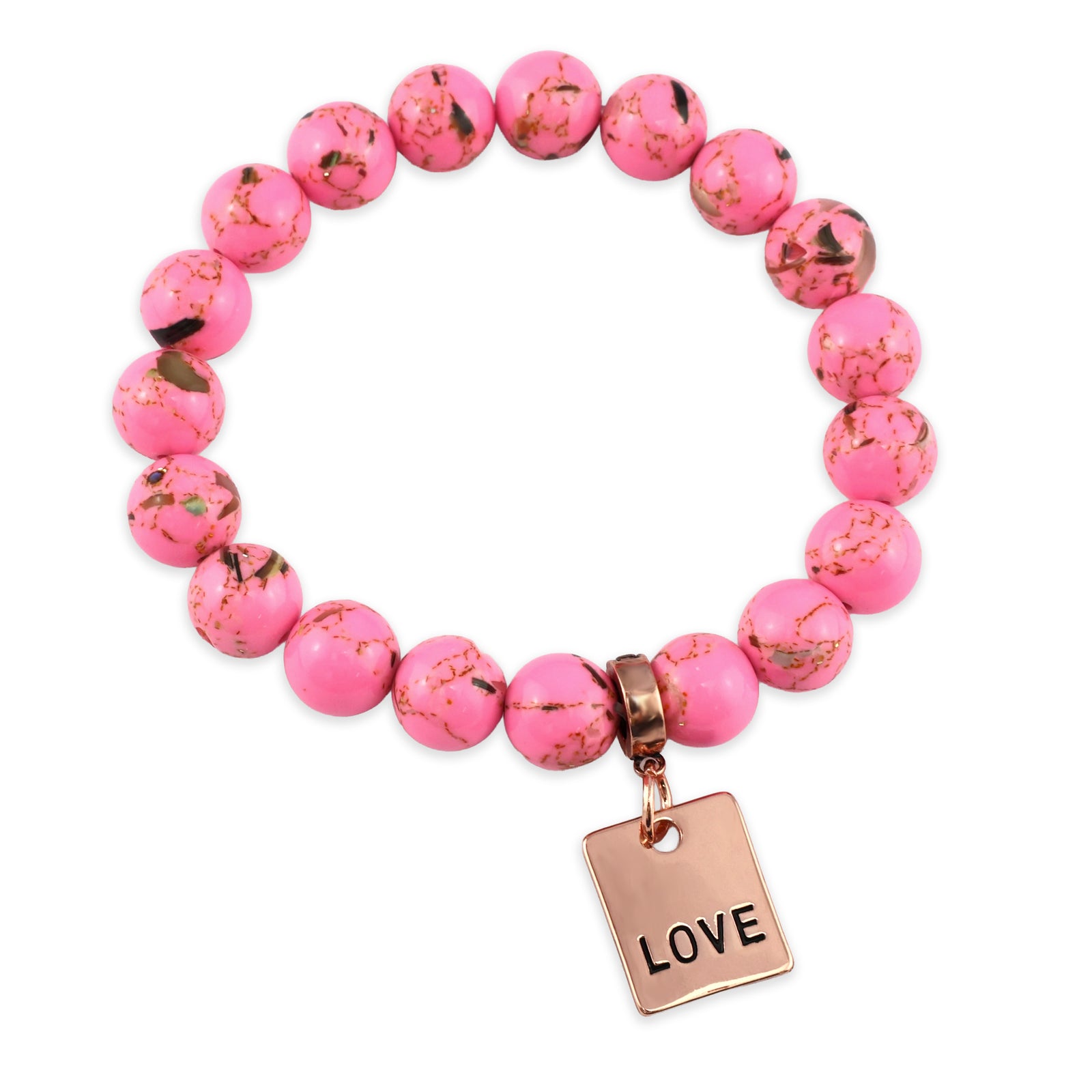 Pink beaded bracelet with motivational charms on a white background