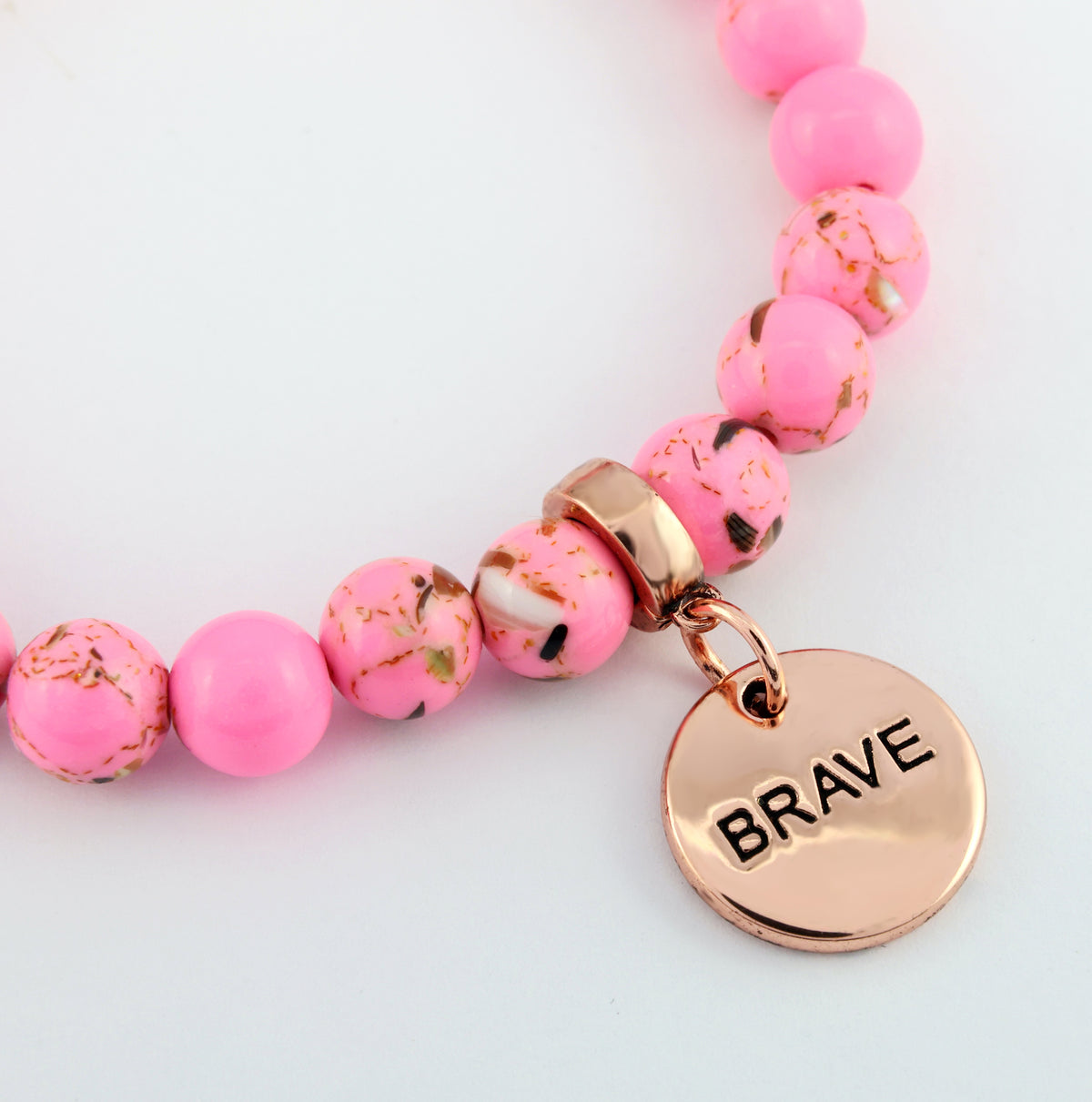 PINK COLLECTION - Hot Pink Synthesis 8mm Bead Bracelet  -  Rose Gold Word Charms