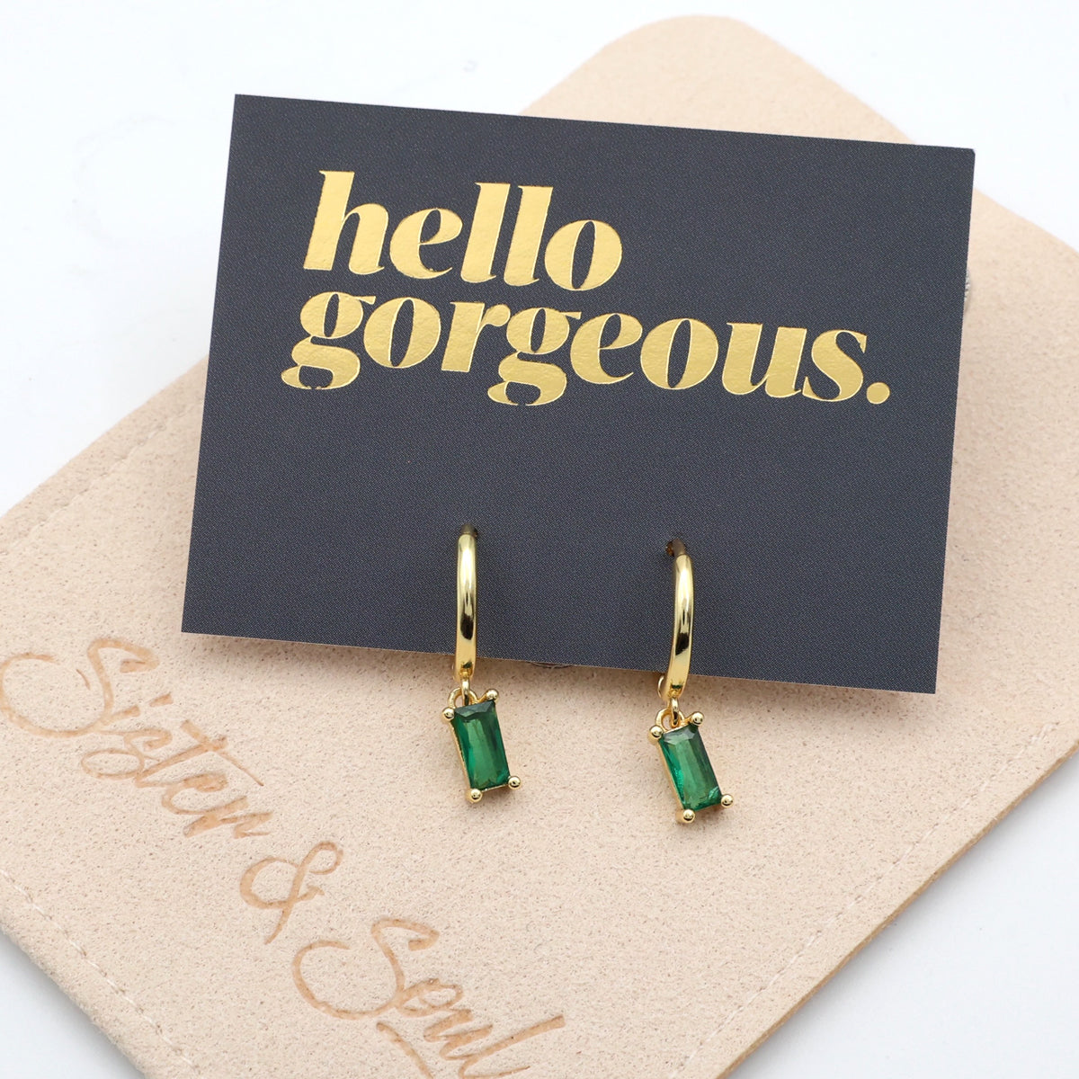 HUGGIES - Hello Gorgeous - Baguette Drop - Green CZ Stone