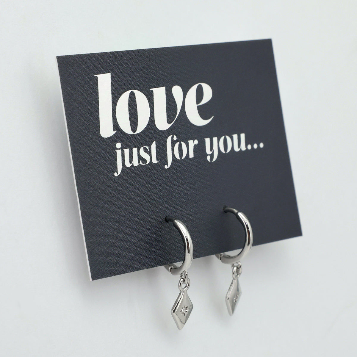 HUGGIES - Love Just For You - Sterling Silver Hoops with Diamond Shaped Charm (8611-R)