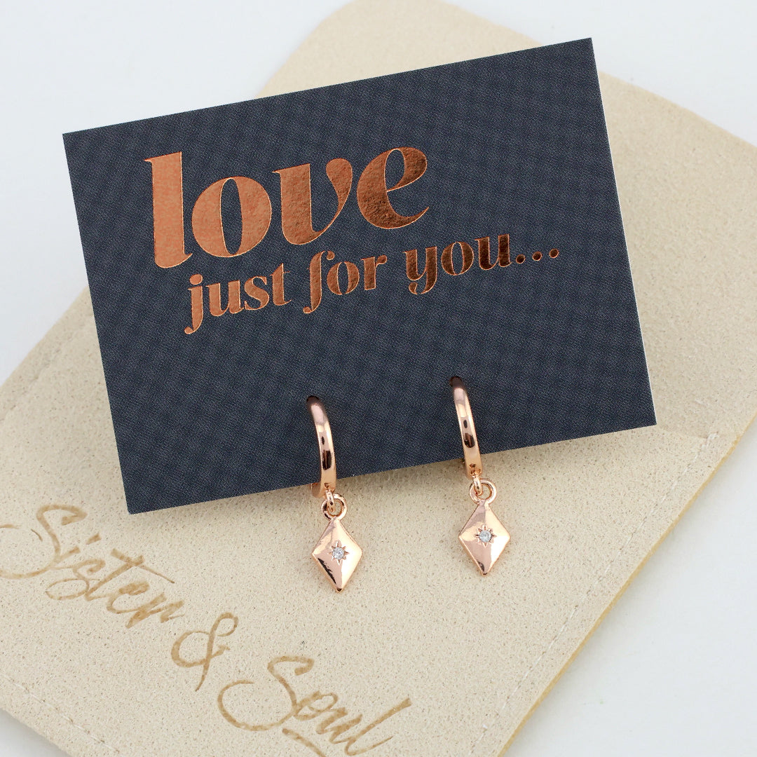 HUGGIES - Love Just For You- 18K Rose Gold Sterling Silver Hoops with Diamond Shaped Charm (8312-R)