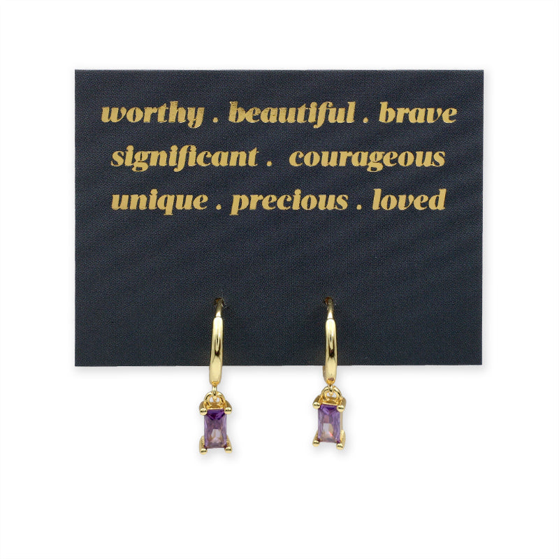 HUGGIES - Worthy . Beautiful . Brave - Gold Hoops with Purple CZ Baguette Charm (11535)