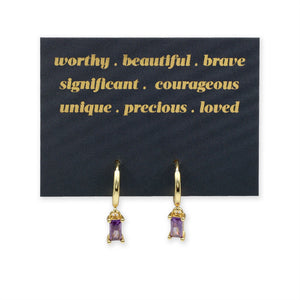 HUGGIES - Worthy . Beautiful . Brave - Gold Hoops with Purple CZ Baguette Charm (11535)