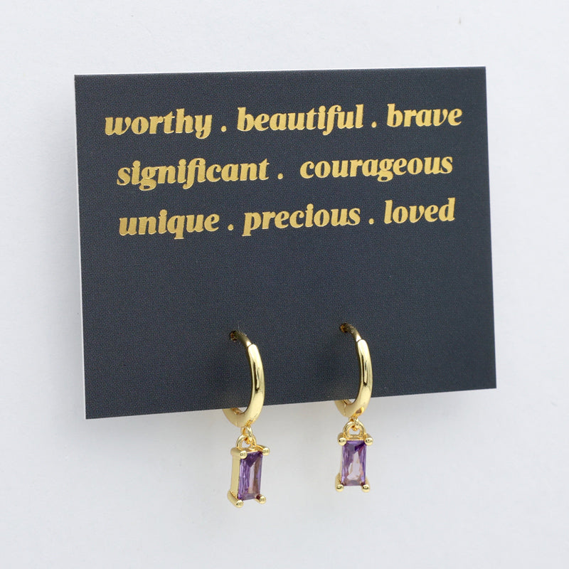 HUGGIES - Worthy . Beautiful . Brave - Gold Hoops with Purple CZ Baguette Charm (11535)