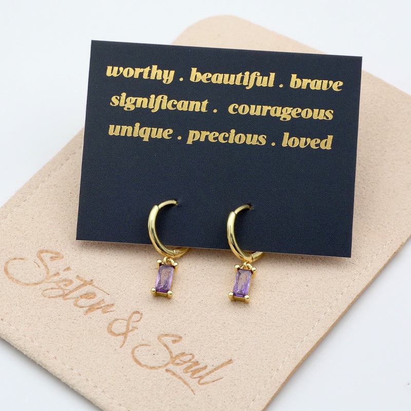HUGGIES - Worthy . Beautiful . Brave - Gold Hoops with Purple CZ Baguette Charm (11535)