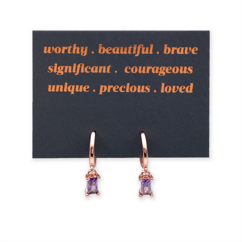 HUGGIES - Worthy . Beautiful . Brave - Rose Gold Hoops with Purple CZ Baguette Charm (12165)