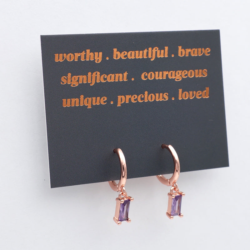 HUGGIES - Worthy . Beautiful . Brave - Rose Gold Hoops with Purple CZ Baguette Charm (12165)