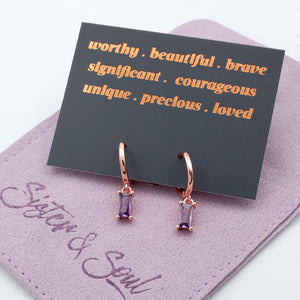 HUGGIES - Worthy . Beautiful . Brave - Rose Gold Hoops with Purple CZ Baguette Charm (12165)