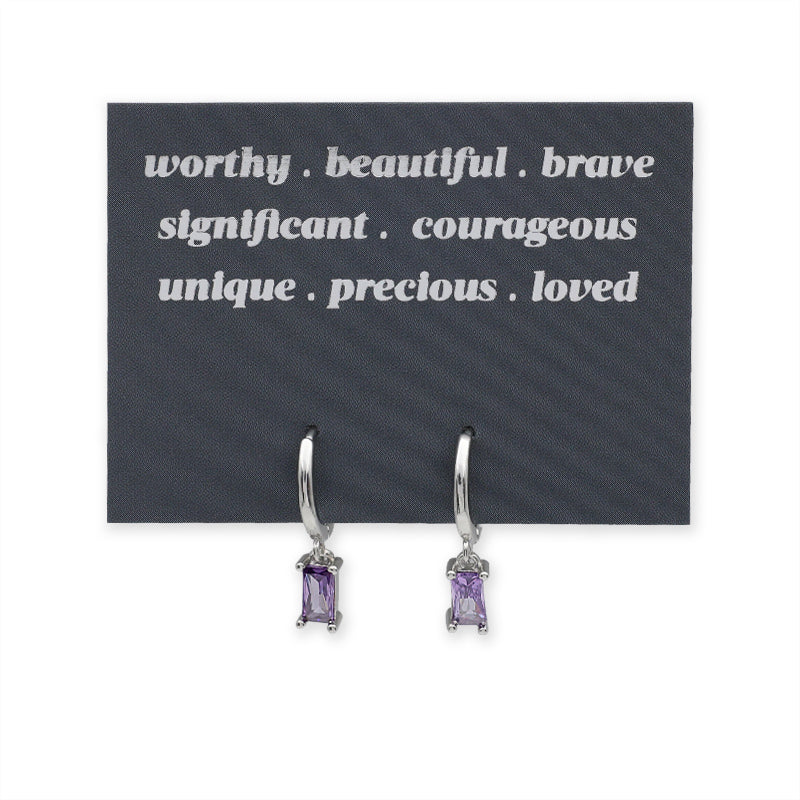HUGGIES - Worthy . Beautiful . Brave - Silver Hoops with Purple CZ Baguette Charm (12625)