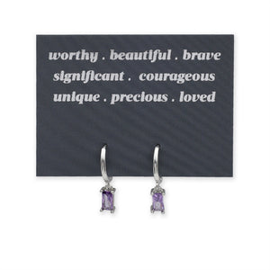 HUGGIES - Worthy . Beautiful . Brave - Silver Hoops with Purple CZ Baguette Charm (12625)