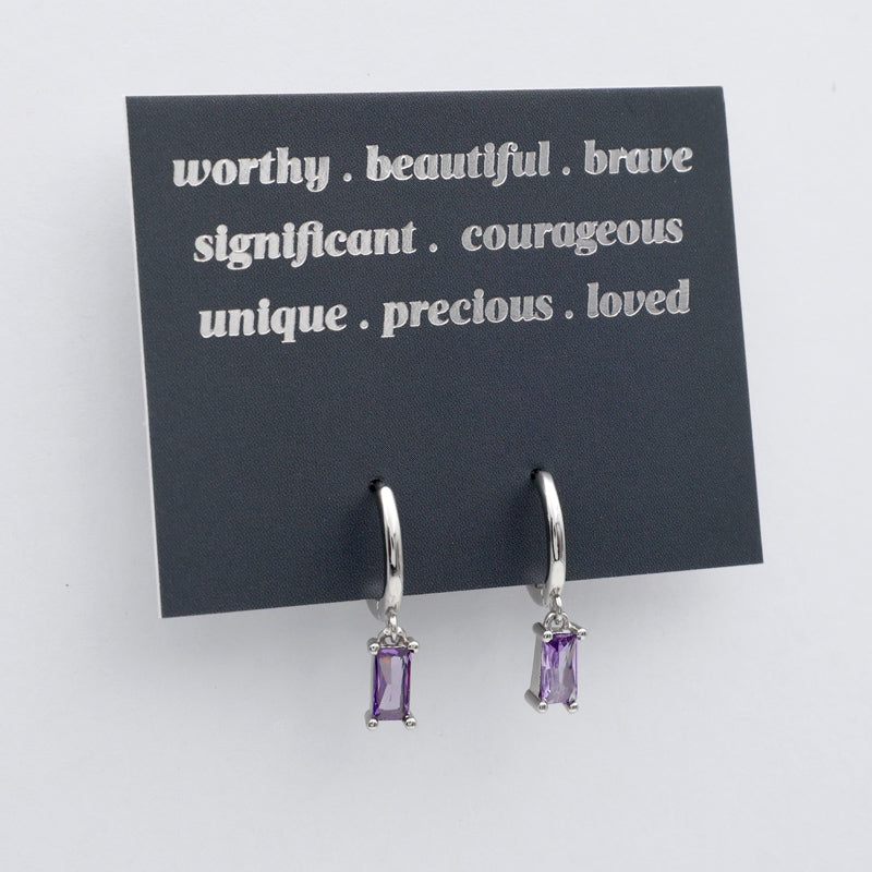 HUGGIES - Worthy . Beautiful . Brave - Silver Hoops with Purple CZ Baguette Charm (12625)